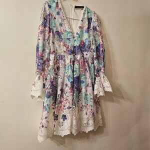 Dalia MacPhee Lace Floral Embroidered Midi Dress M Boho Cottagecore Romantic